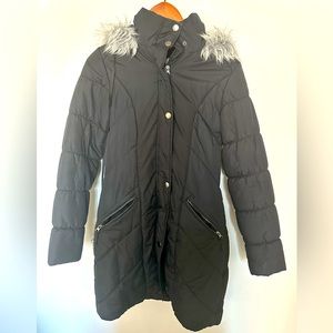 Black long puffer coat with faux fur hood, size xs